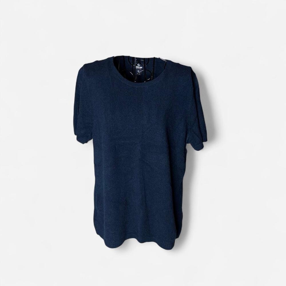 Lands' End 100% Cashmere Short Sleeve Knit Top Navy Blue Women XL 18 Soft